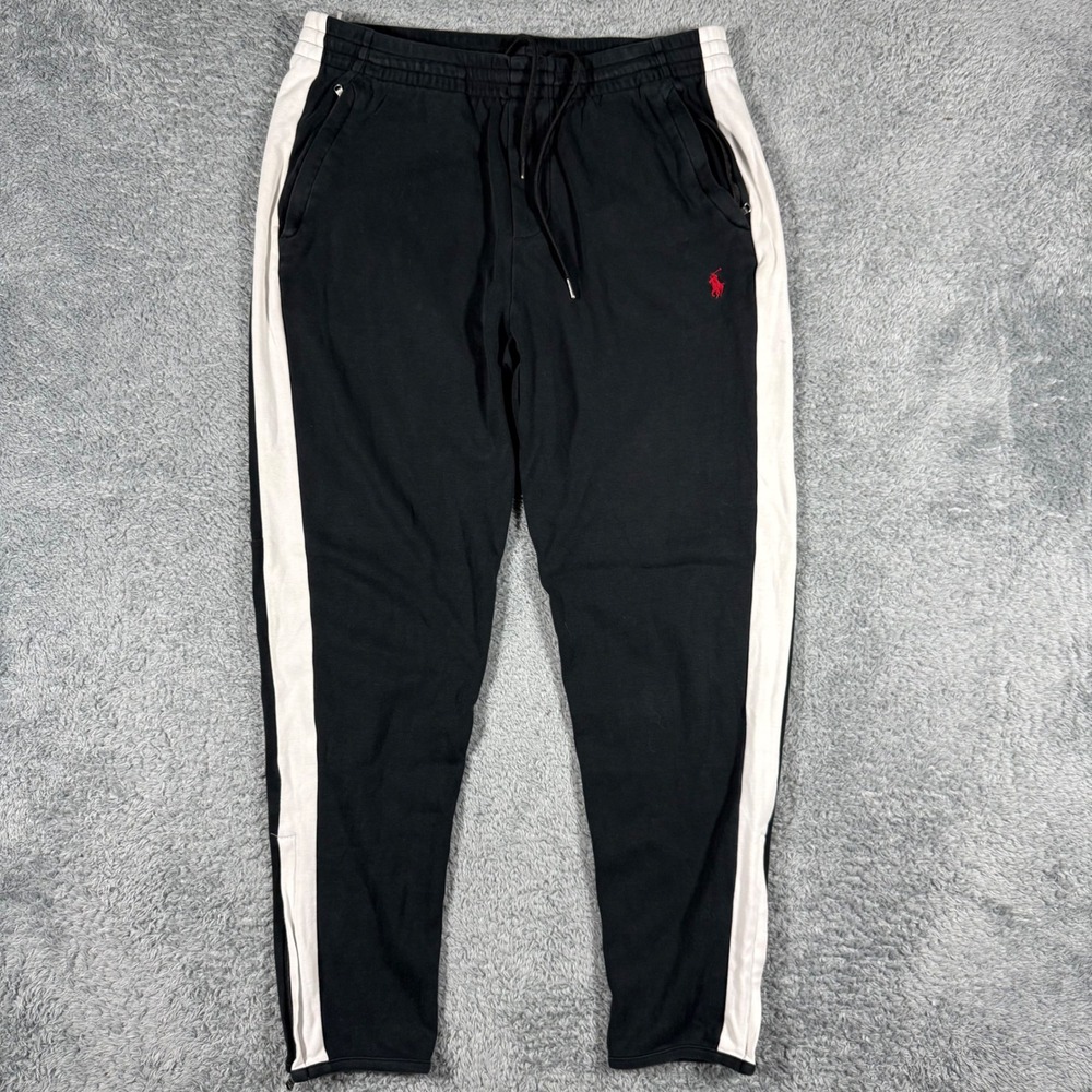 Polo Ralph Lauren track Pants Mens M Black White Side Stripe Ankle Zip Red Pony